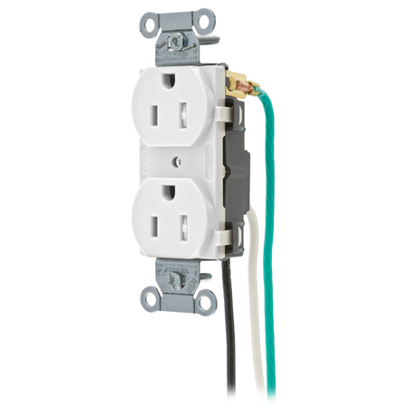 HUBBELL WIRING DEVICE-KELLEMS Straight Blade Devices, Receptacles, Duplex, Commercial Grade, 2-Pole 3-Wire Grounding, 15A 125V, 5-15R, Single Pack, Pre-Wired 8" Stranded Leads CR15WHITRP2